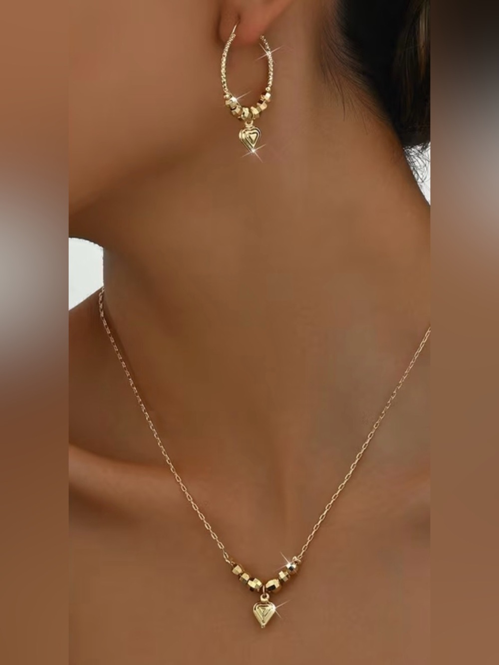 Gold-Tone Heart Pendant Necklace and Hoop Earring Set - Women's Jewelry